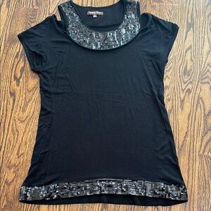 Adrienne Vittadini Black and Gray Embellished Bib Collar Tee